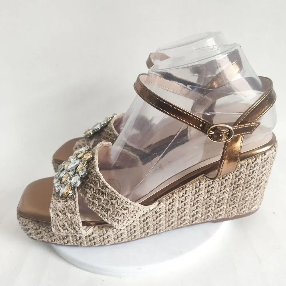 Azura European‎ Espadrille Platform Wedges Gold Rhinestones Sandals 9.5 - 10 /41